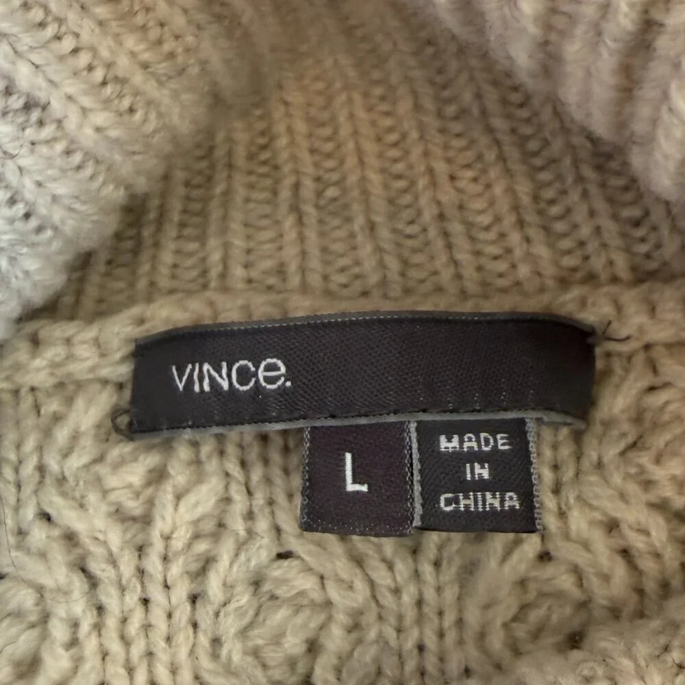 Vince women's turtleneck sweater cableknit large oatmeal taupe beige wool yak